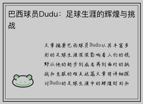 巴西球员Dudu：足球生涯的辉煌与挑战